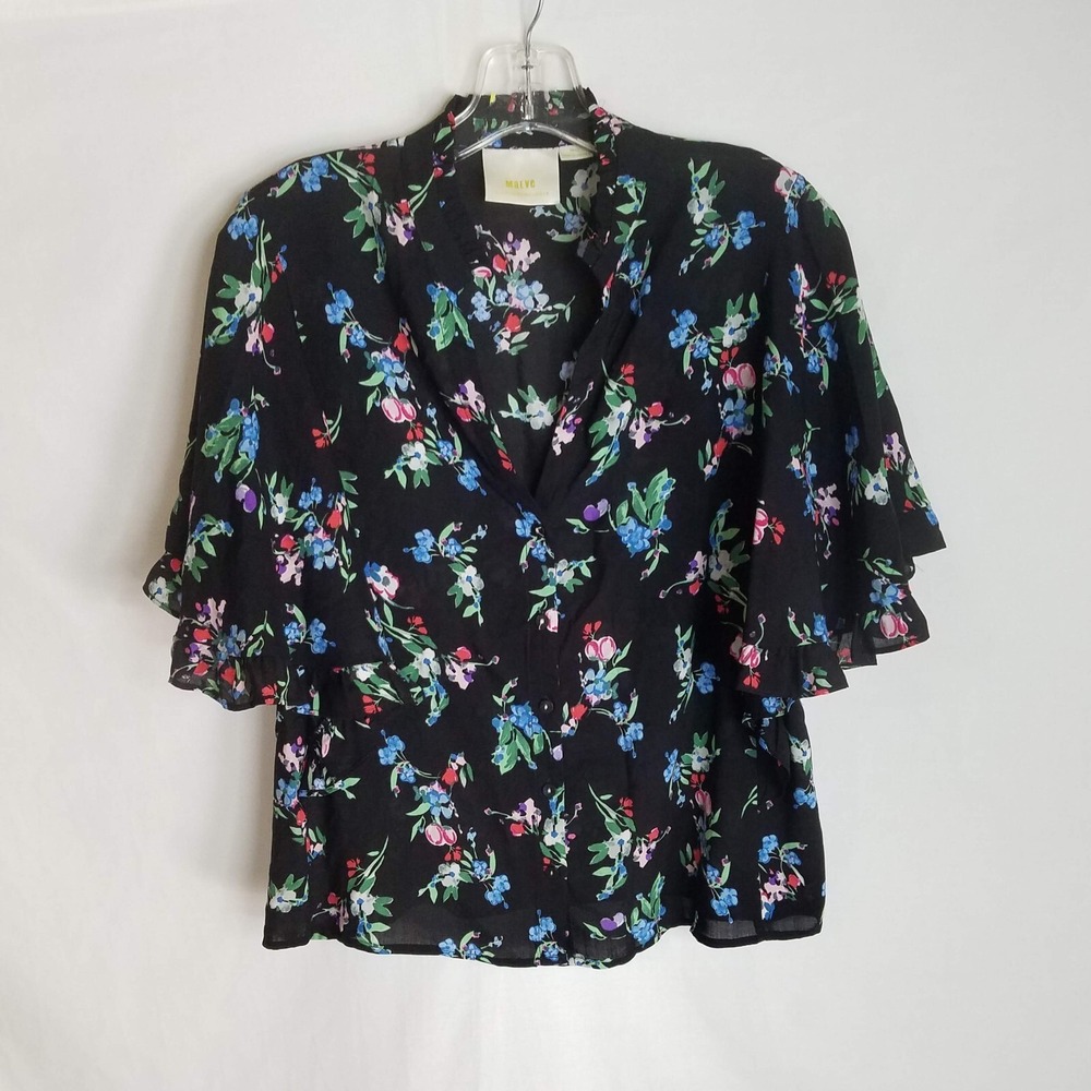 Maeve Antropologie Womens Floral Button Front Flutter Sleeve Shirt Top Sz Small